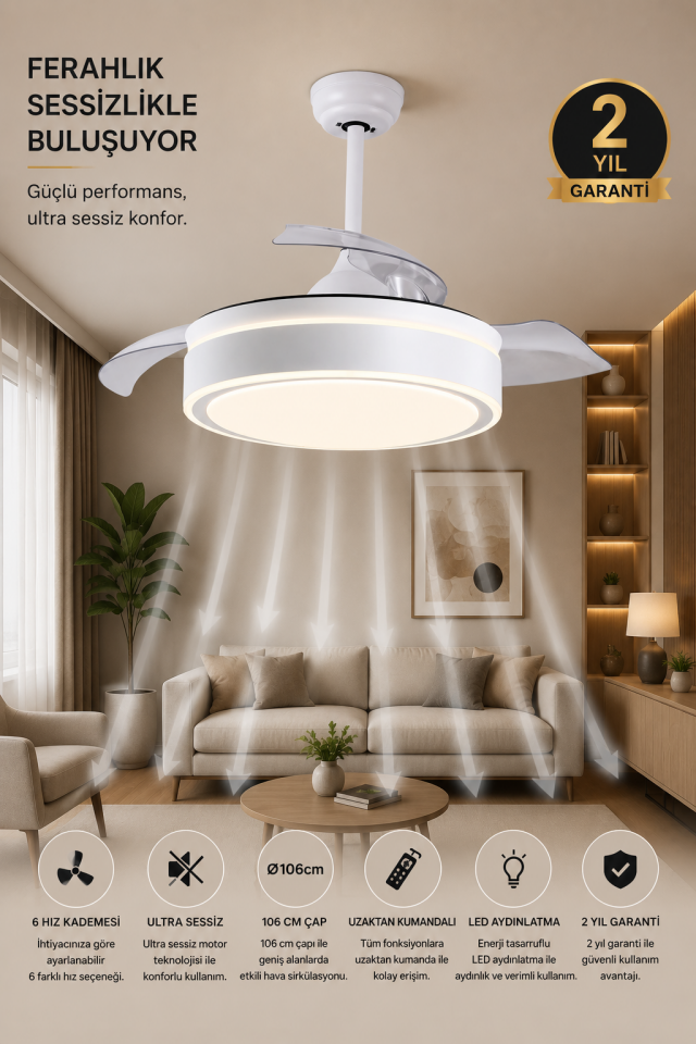 Fancium DKF-402 Beyaz LED Aydınlatmalı Uzaktan Kumandalı Tavan Vantilatörü
