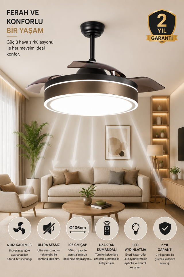 Fancium DKF-402 Kahverengi LED Aydınlatmalı Uzaktan Kumandalı Tavan Vantilatörü
