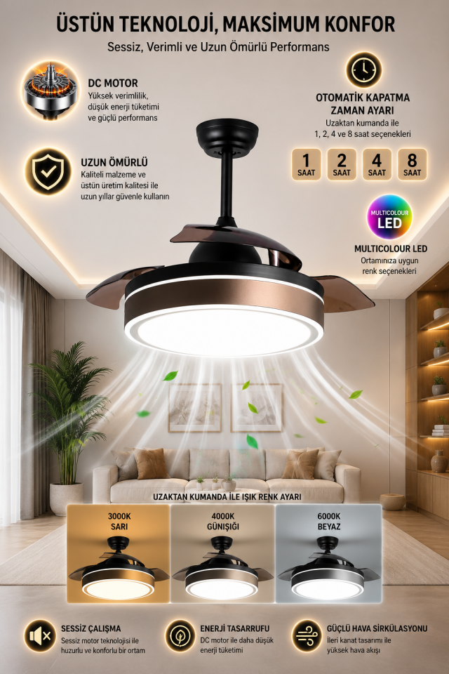 Fancium DKF-402 Kahverengi LED Aydınlatmalı Uzaktan Kumandalı Tavan Vantilatörü